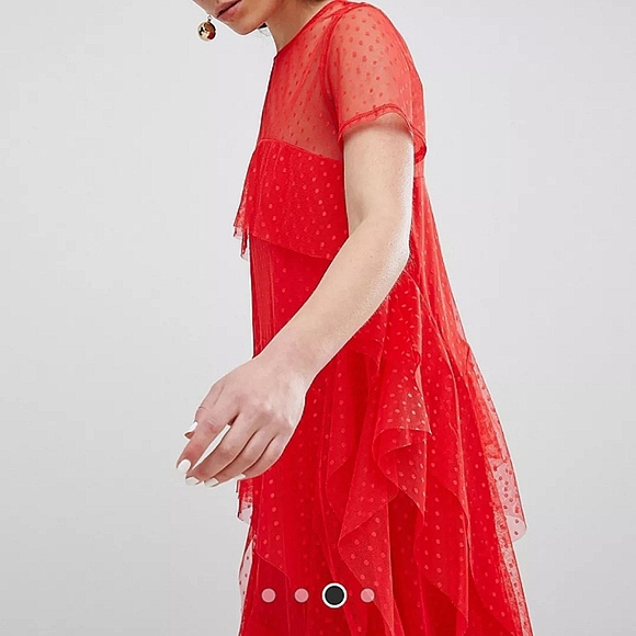 ASOS Dobby Mesh Midi Tshirt Dress withLayered Ruffles red color - Picture 4 of 8